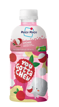 A bottle of Mogu Mogu Lychee flavored drink with a white cap, featuring a pink and white label with illustrations of lychees and a cartoon character, on a plain white background.