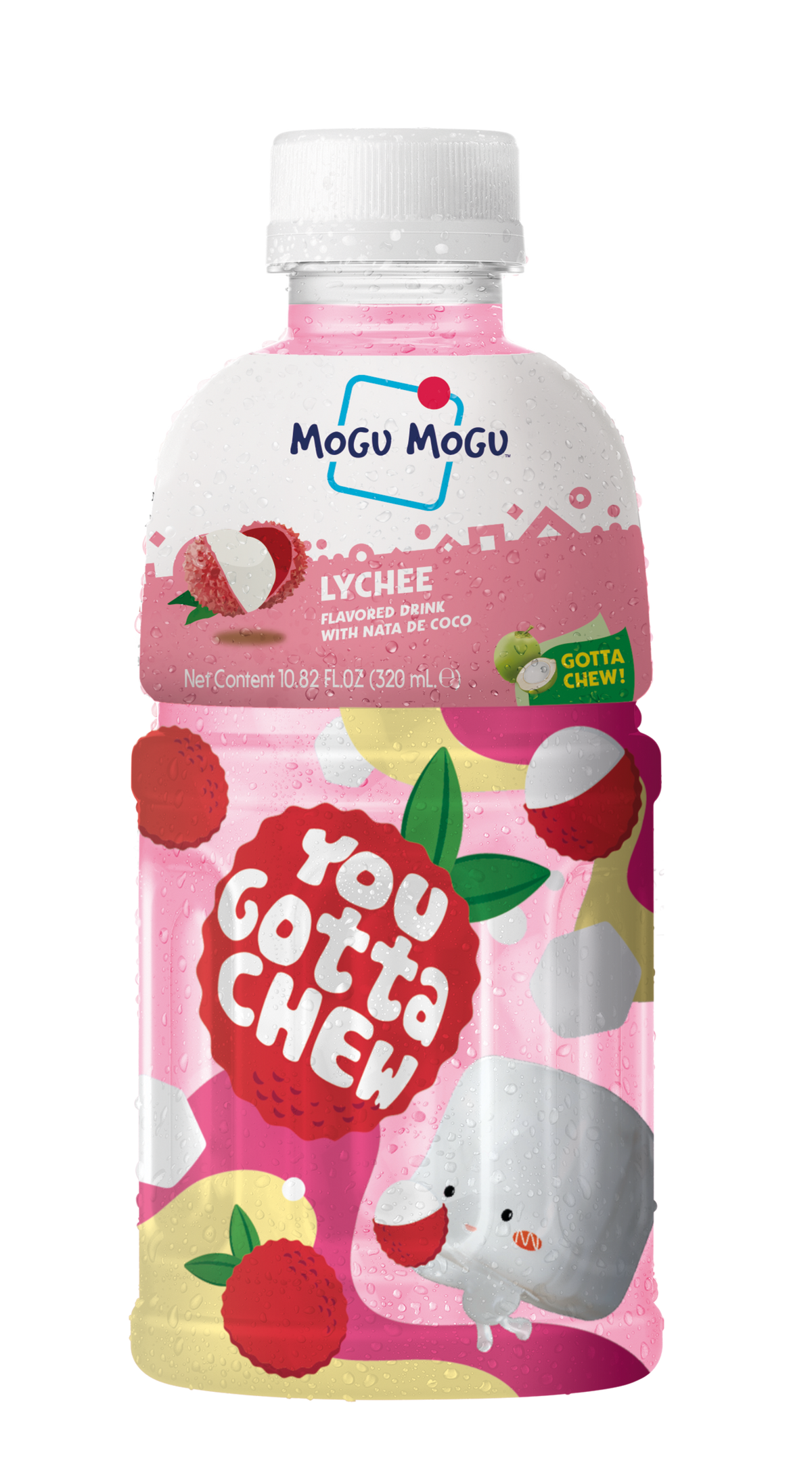 A bottle of Mogu Mogu Lychee flavored drink with a white cap, featuring a pink and white label with illustrations of lychees and a cartoon character, on a plain white background.