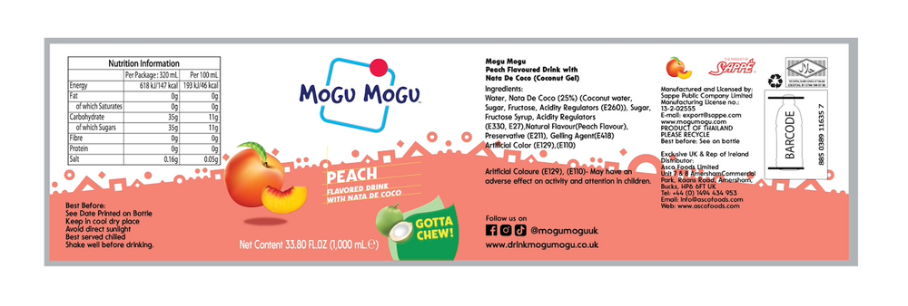 Mogu Mogu Peach Drink with Nata de Coco 1L